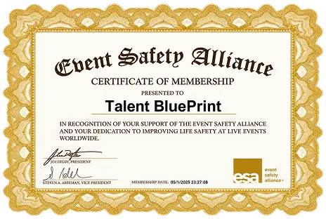Official Event Safety Alliance certificate of membership awarded to Talent Blueprint